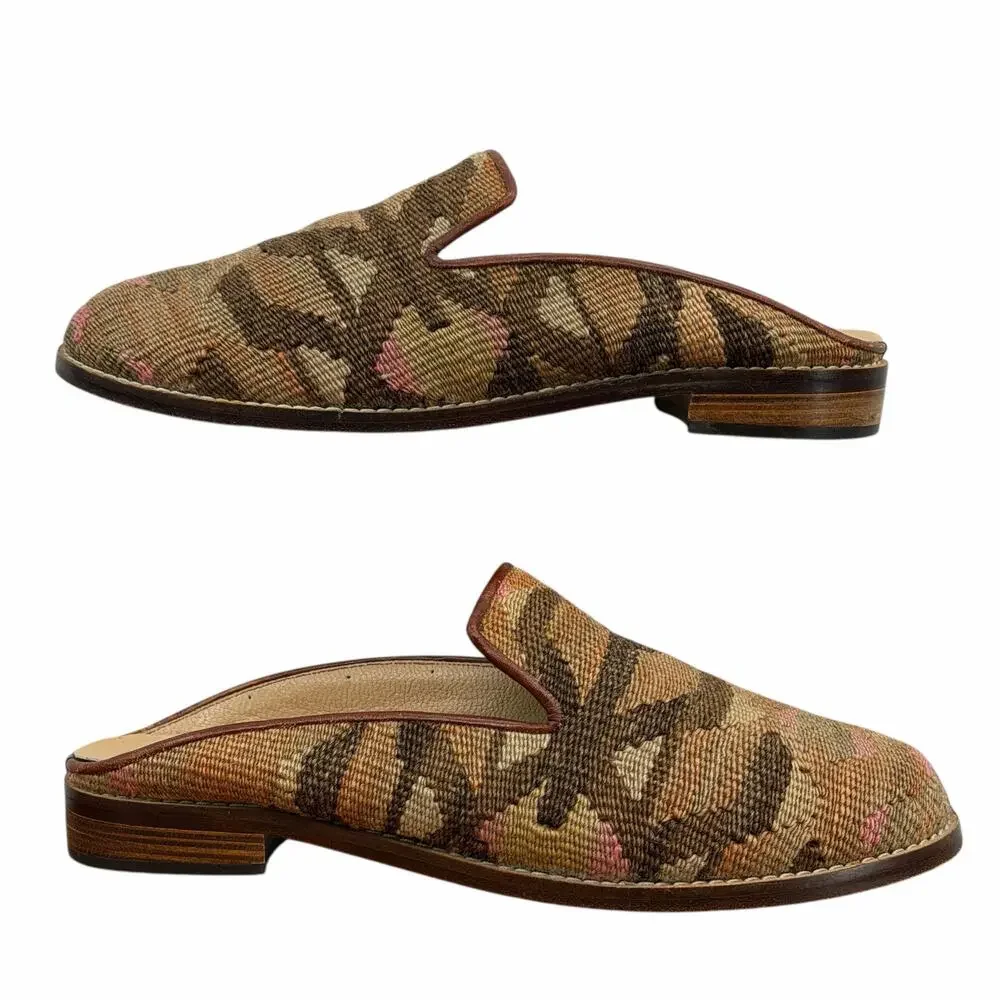 Mules Kilim Smoking Shoes Mule Women SZ 11 Tapestry Leather Wool Textile Brown